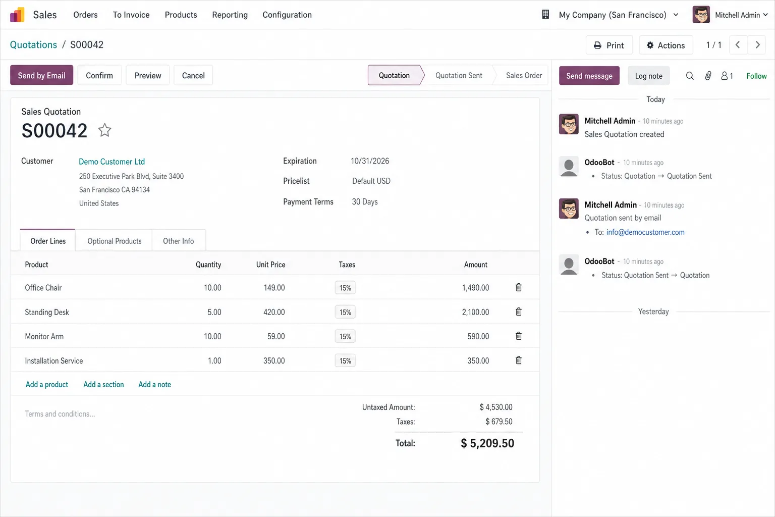 Odoo Sales quotation S00042 with order lines, taxes, totals and the chatter log