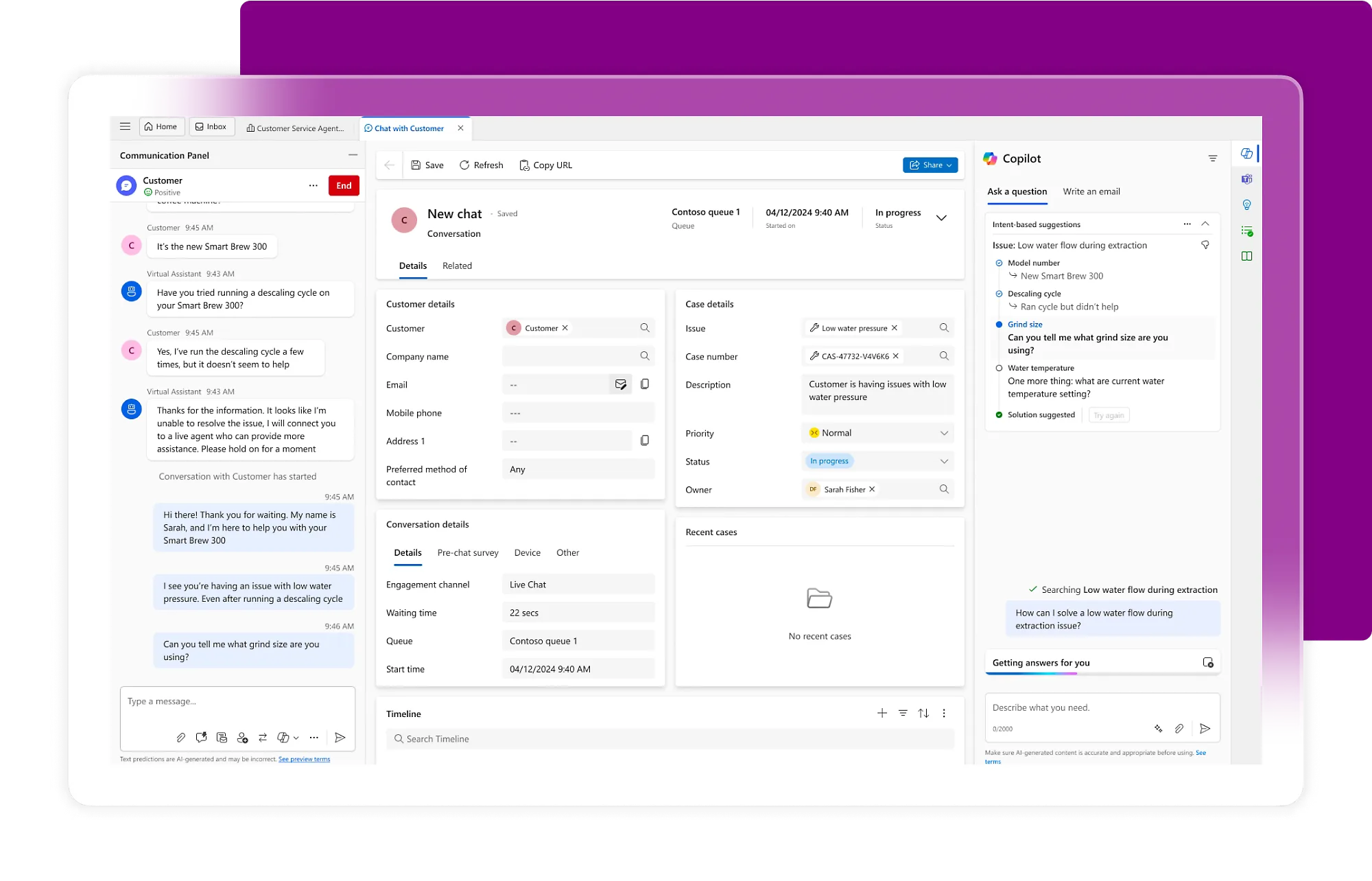 A live customer chat with case details and Copilot answering the agent's question in-flow.