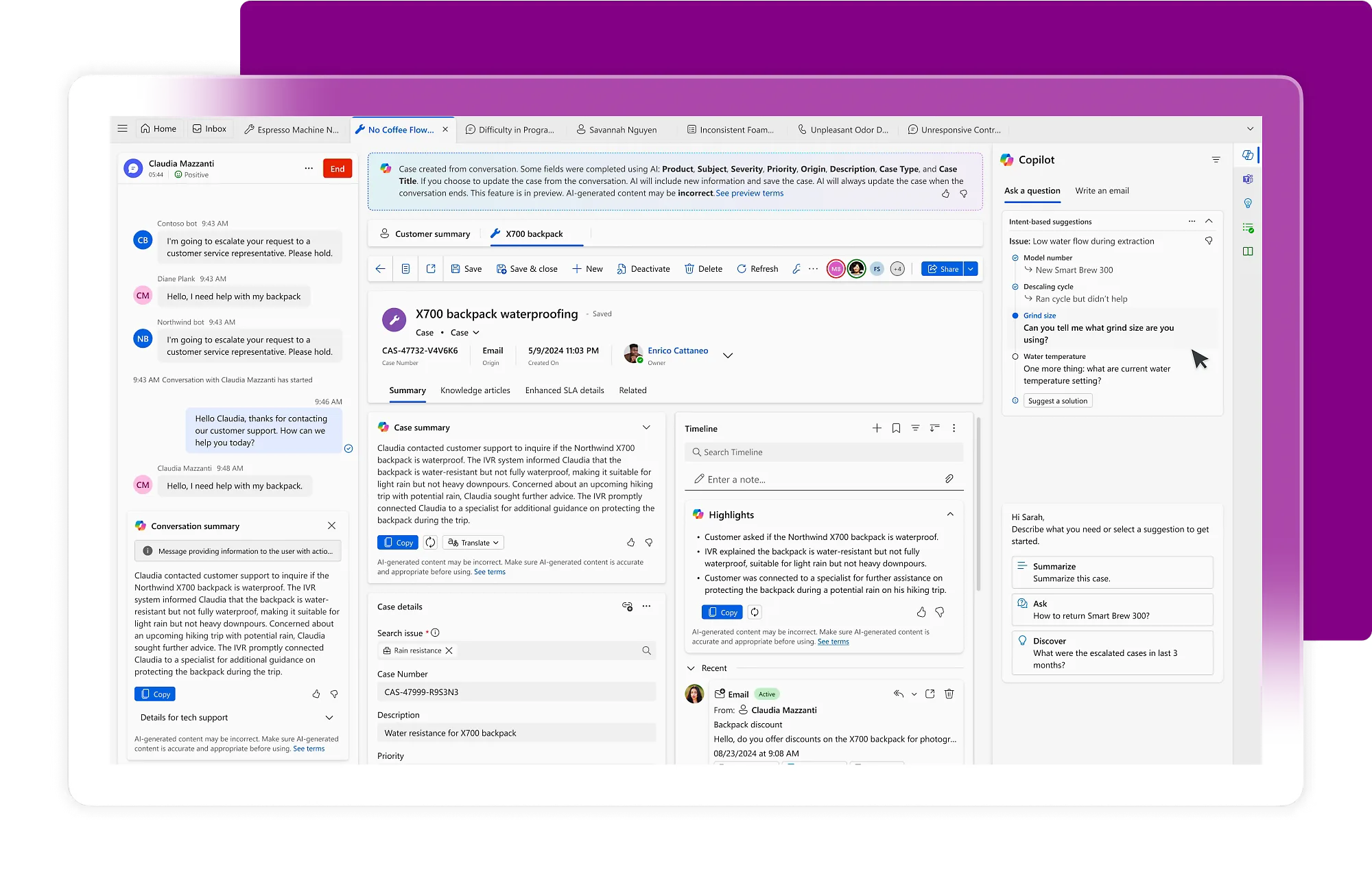 A Copilot conversation summary and highlights timeline alongside the agent's chat.
