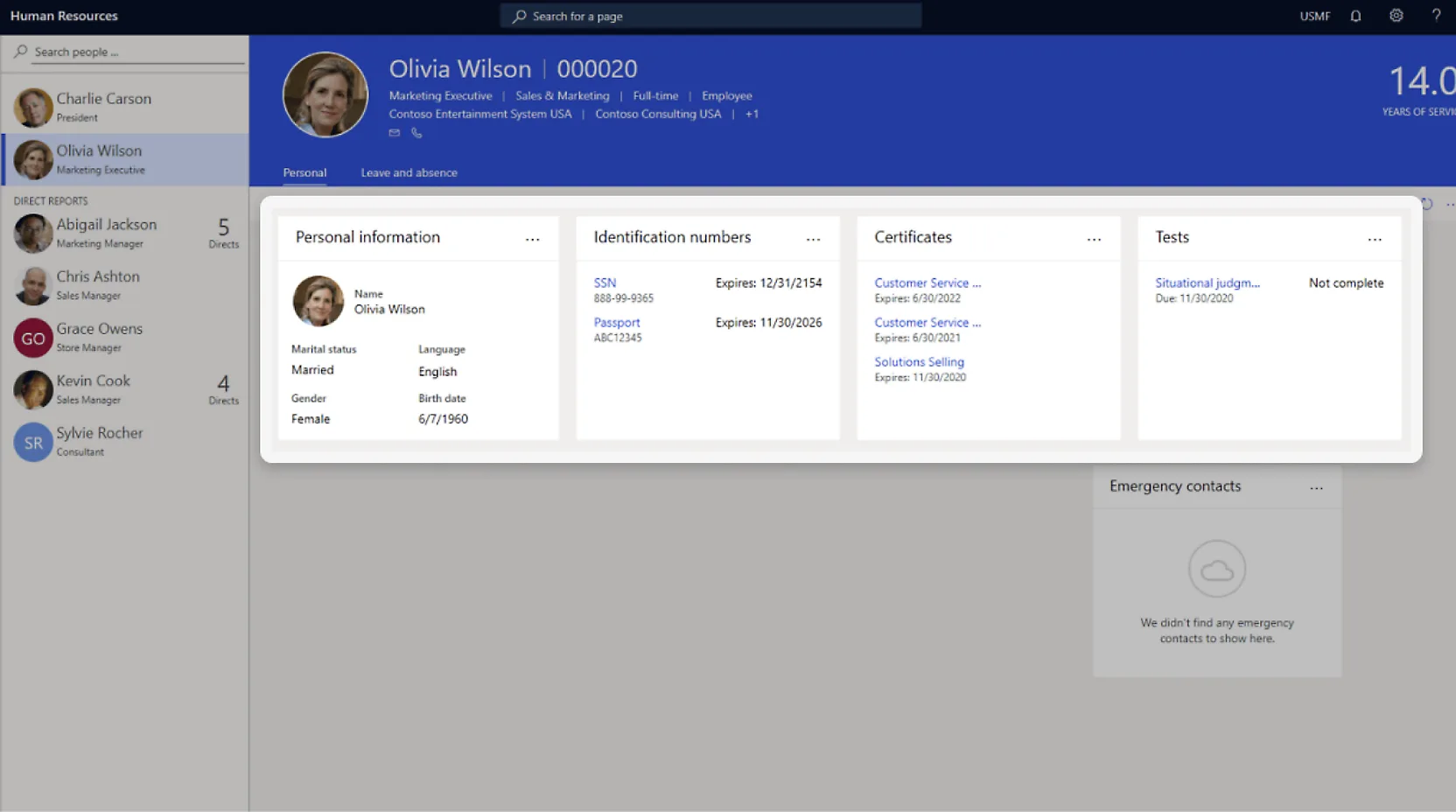 A single employee record with personal details, identifiers, certificates, and tests.