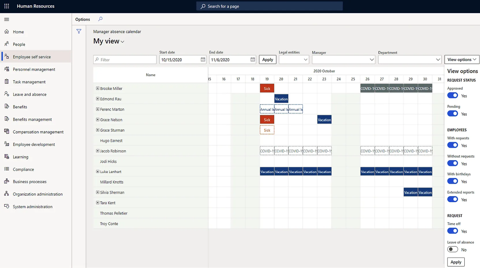 A manager absence calendar charting scheduled vacation and leave across the team.