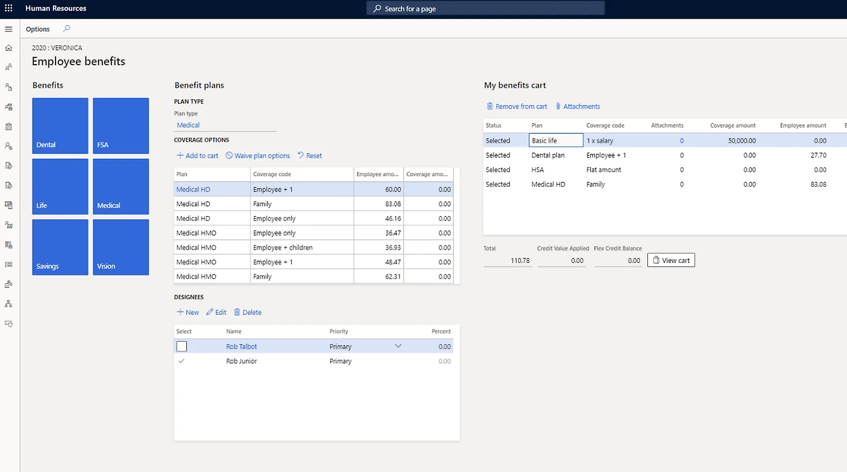 Benefit-plan tiles, coverage options and rates, beneficiaries, and an enrolment summary.