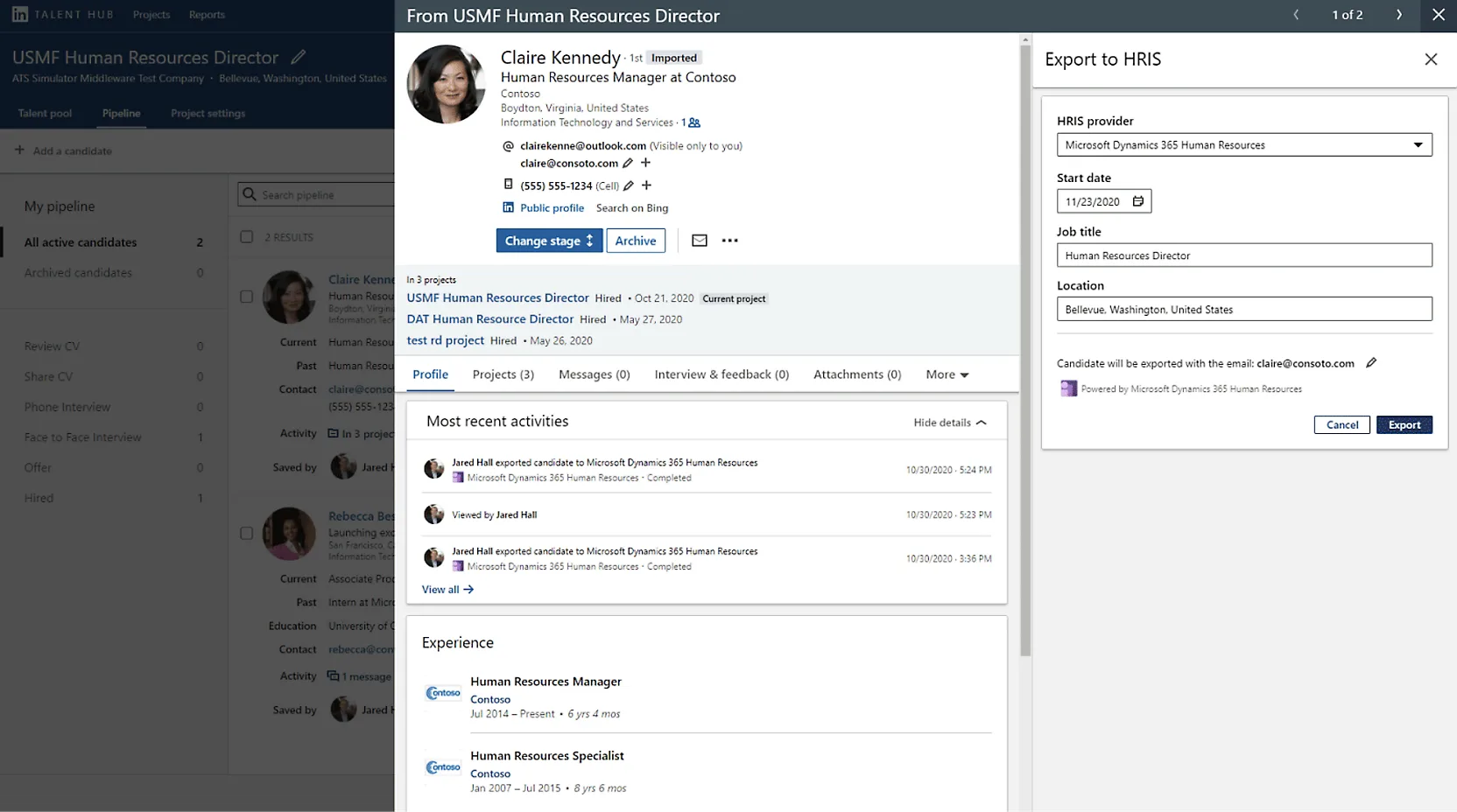 A candidate record with applicant detail, recent activity, and export to your HRIS.